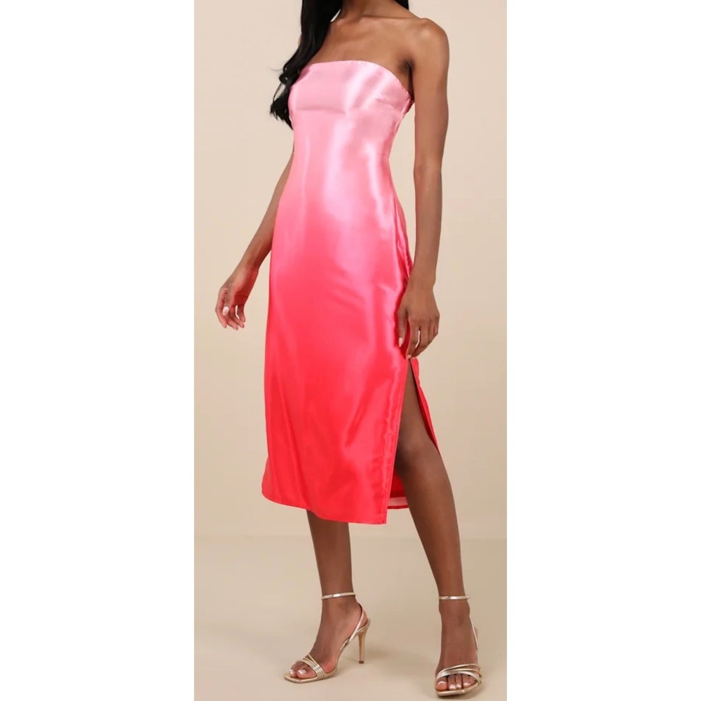 NWT Lulus‎ Size Small Indescribable Poise Pink Ombre Satin Strapless Midi Dress